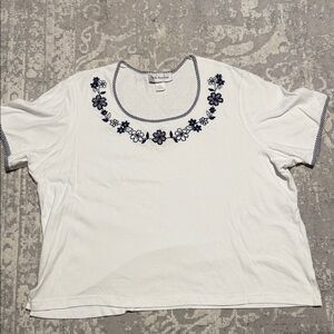 Quacker Factory White Top with Navy Floral Embroidery